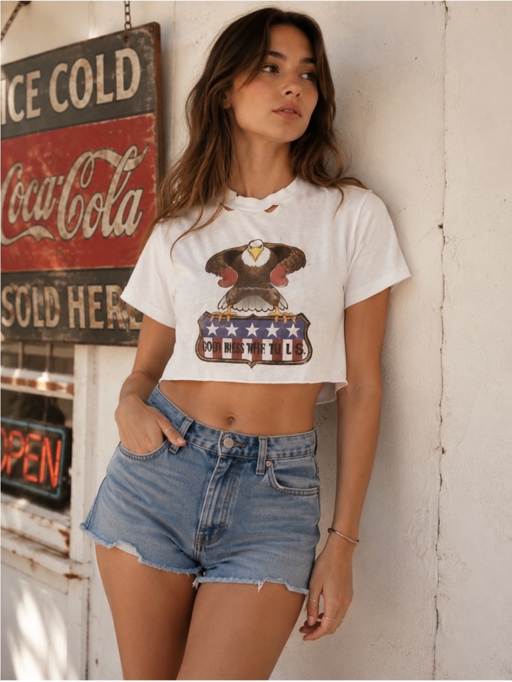 Vintage 90s Glitter Iron On Summer America Crop Top Fourth of July Tee S